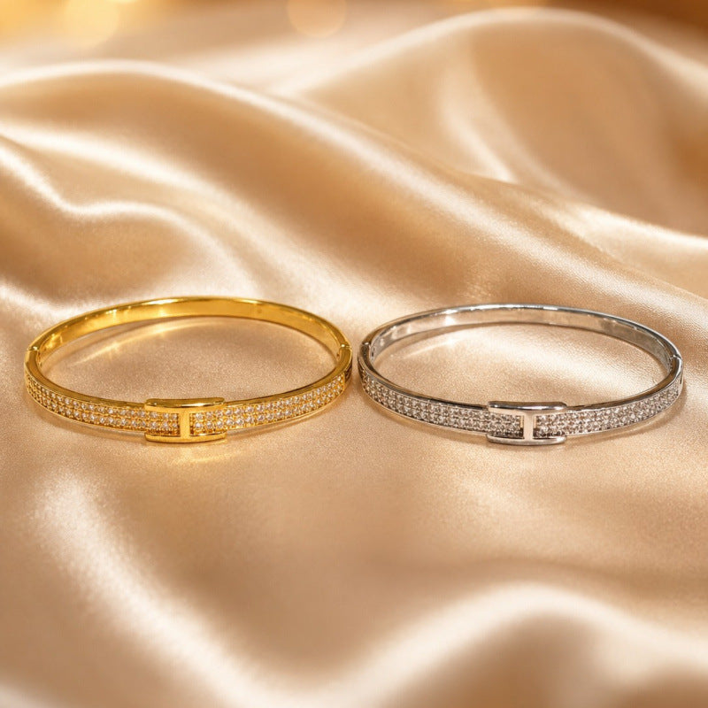 Simple Style Geometric Inlay Bangle In Electroplated Copper With Zircon Detailing