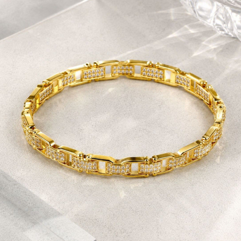 Vintage Style Geometric Inlay Bangle In Copper With Electroplated Gold Plating Featuring Zircon Inlay