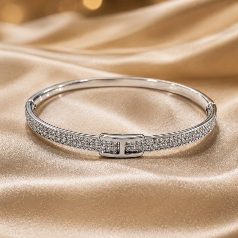 Simple Style Geometric Inlay Bangle In Electroplated Copper With Zircon Detailing