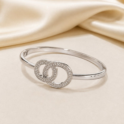 Double Ring Copper Bangle With Zircon Inlay, Electroplated Gold Plating, Elegant Gold Finish