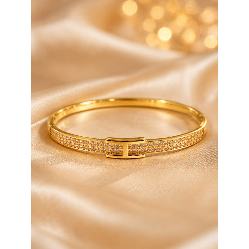 Simple Style Geometric Inlay Bangle In Electroplated Copper With Zircon Detailing