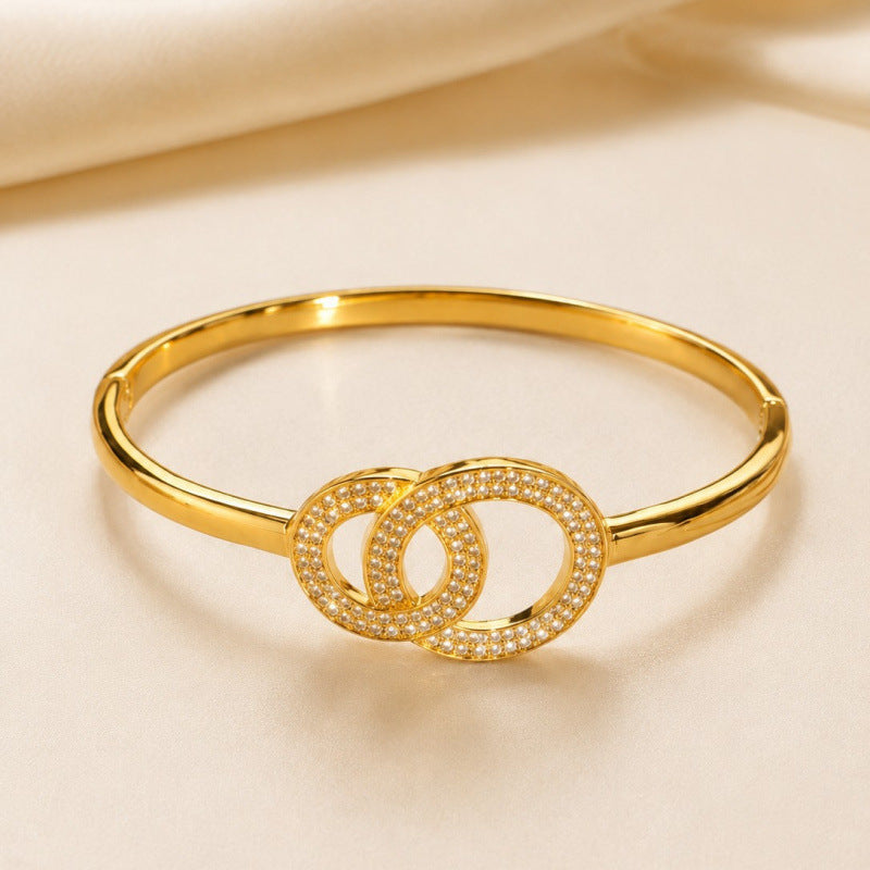 Double Ring Copper Bangle With Zircon Inlay, Electroplated Gold Plating, Elegant Gold Finish