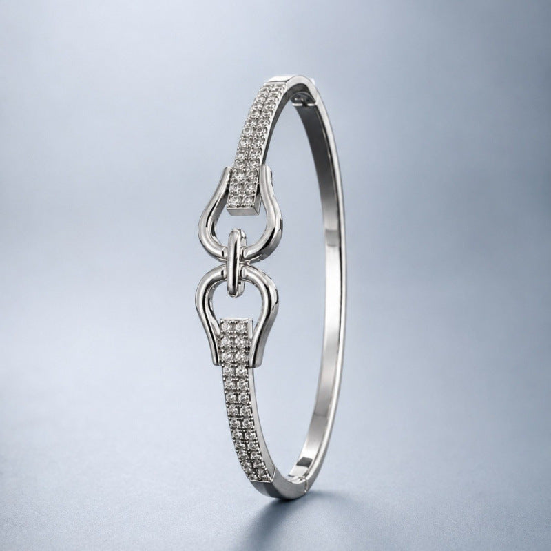 Luxurious Horseshoe Buckle Copper Bangle With Zircon Inlay In Silver