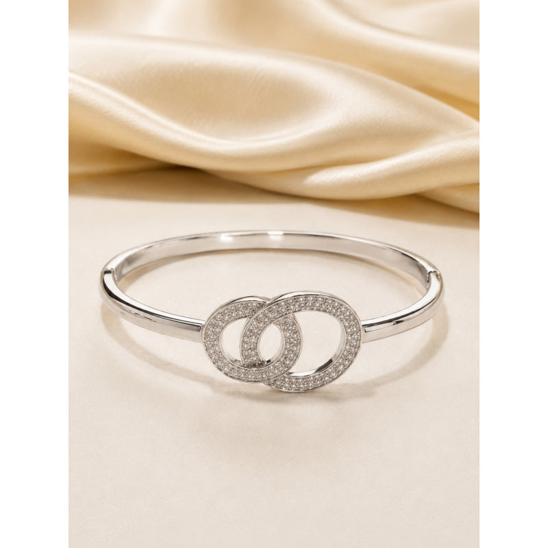Double Ring Copper Bangle With Zircon Inlay, Electroplated Gold Plating, Elegant Gold Finish