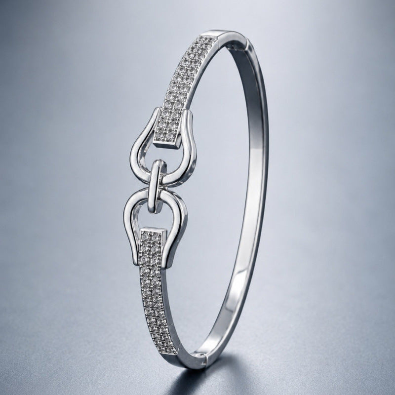 Luxurious Horseshoe Buckle Copper Bangle With Zircon Inlay In Silver