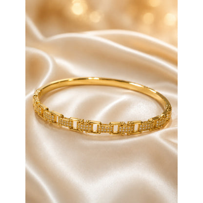 Vintage Style Geometric Inlay Bangle In Copper With Electroplated Gold Plating Featuring Zircon Inlay