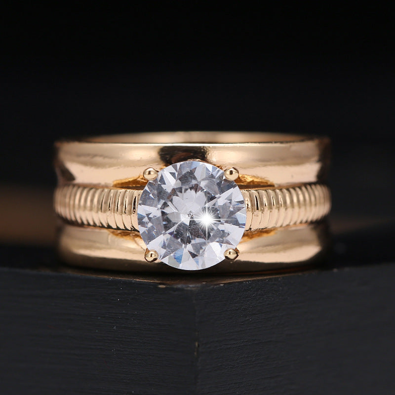 Couple Wide Band Stripe Rings In Titanium Steel With Zircon Inlay, Electroplated Gold Plating, 1 Pair
