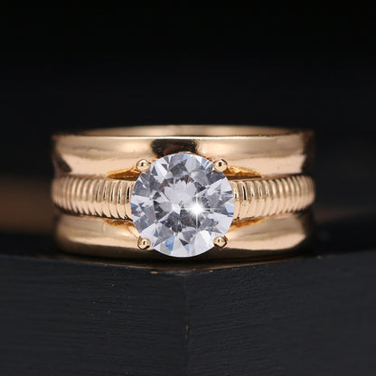 Couple Wide Band Stripe Rings In Titanium Steel With Zircon Inlay, Electroplated Gold Plating, 1 Pair