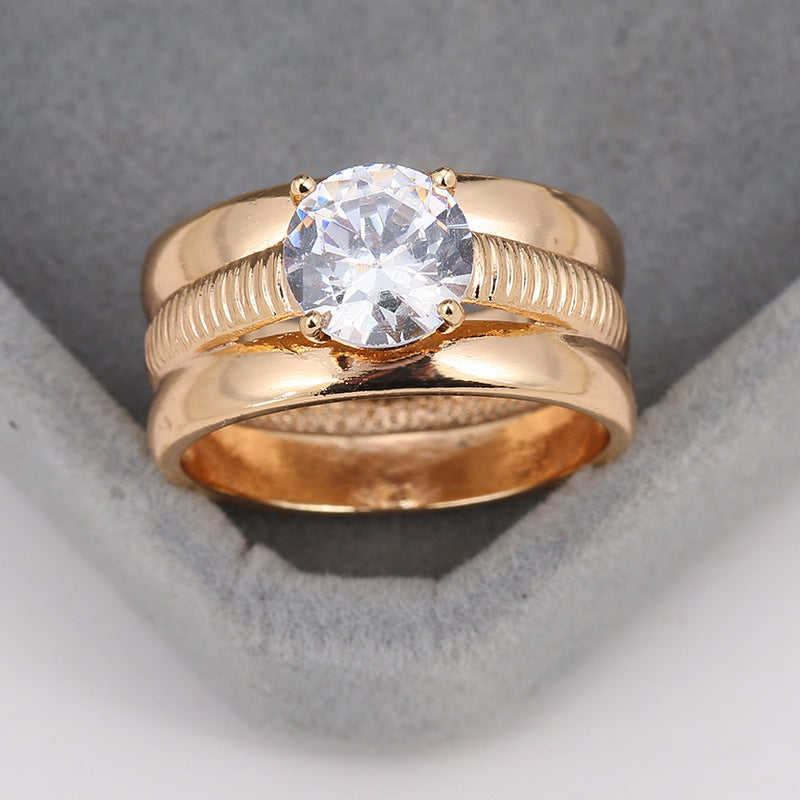 Couple Wide Band Stripe Rings In Titanium Steel With Zircon Inlay, Electroplated Gold Plating, 1 Pair