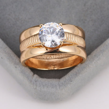 Couple Wide Band Stripe Rings In Titanium Steel With Zircon Inlay, Electroplated Gold Plating, 1 Pair