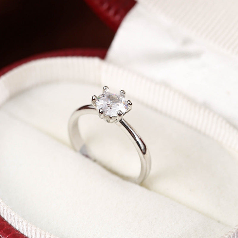 Hexagon Copper Ring With Zircon Inlay In Silver, Simple Style For Women
