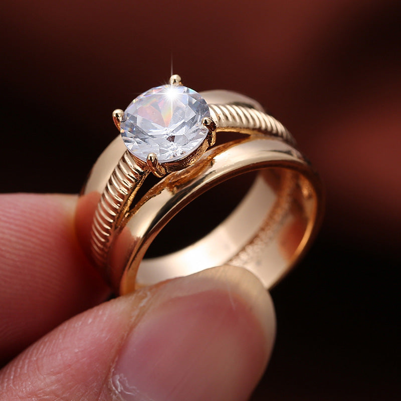 Couple Wide Band Stripe Rings In Titanium Steel With Zircon Inlay, Electroplated Gold Plating, 1 Pair