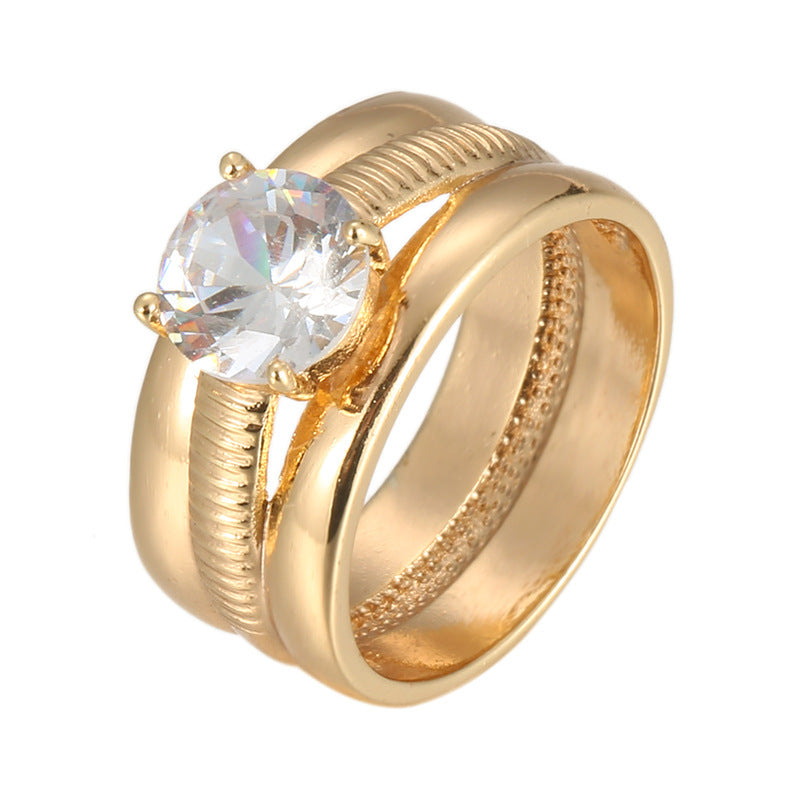 Couple Wide Band Stripe Rings In Titanium Steel With Zircon Inlay, Electroplated Gold Plating, 1 Pair