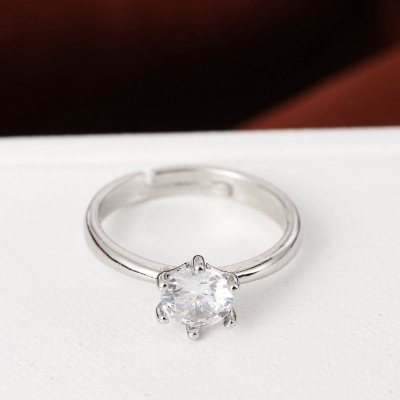 Hexagon Copper Ring With Zircon Inlay In Silver, Simple Style For Women