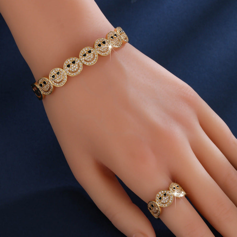 Smiley Face Copper Bangle For Women With Zircon Inlay, 1 Set
