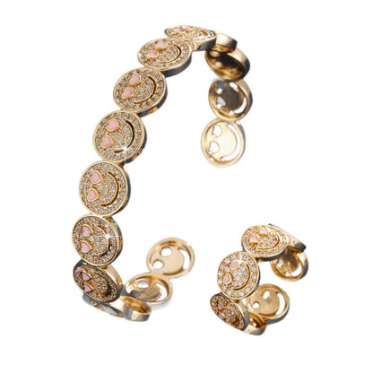 Smiley Face Copper Bangle For Women With Zircon Inlay, 1 Set
