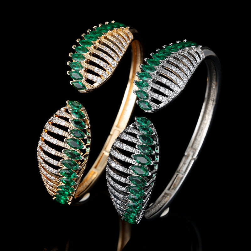 Feather Inlay Bangle In Copper With Zircon Electroplated Gold Plating, Elegant Gold Tone Bracelet