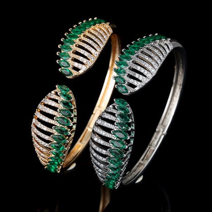 Feather Inlay Bangle In Copper With Zircon Electroplated Gold Plating, Elegant Gold Tone Bracelet