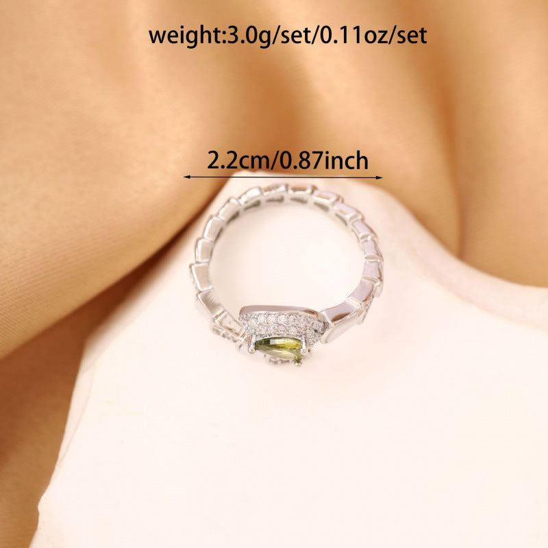 Retro Style Snake Open Ring For Women In Electroplated Copper With Zircon Inlay