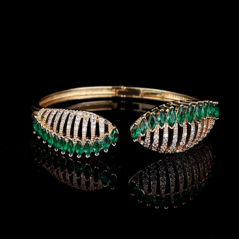 Feather Inlay Bangle In Copper With Zircon Electroplated Gold Plating, Elegant Gold Tone Bracelet