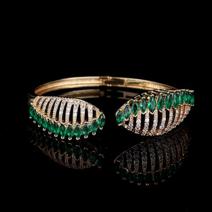 Feather Inlay Bangle In Copper With Zircon Electroplated Gold Plating, Elegant Gold Tone Bracelet