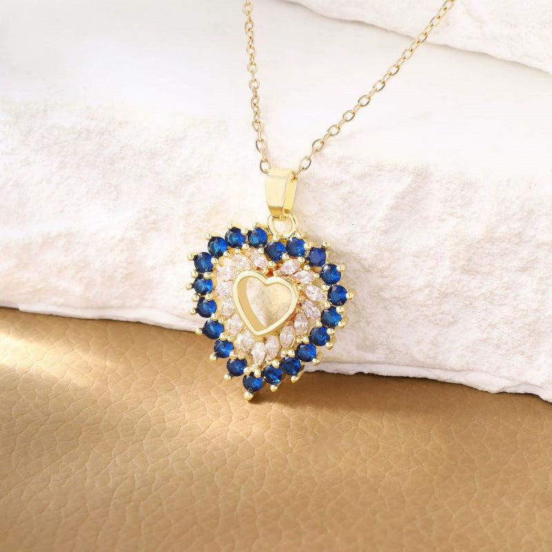 Heart Shape Copper Necklace For Women With Zircon Inlay And Bezel Setting On Cable Chain