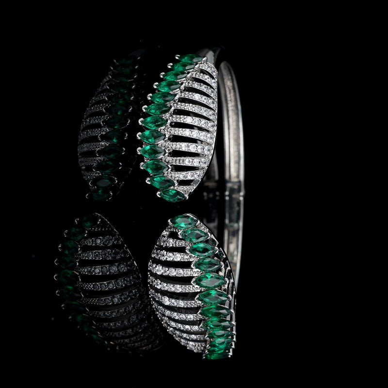 Feather Inlay Bangle In Copper With Zircon Electroplated Gold Plating, Elegant Gold Tone Bracelet