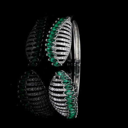 Feather Inlay Bangle In Copper With Zircon Electroplated Gold Plating, Elegant Gold Tone Bracelet
