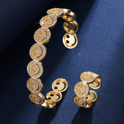 Smiley Face Copper Bangle For Women With Zircon Inlay, 1 Set