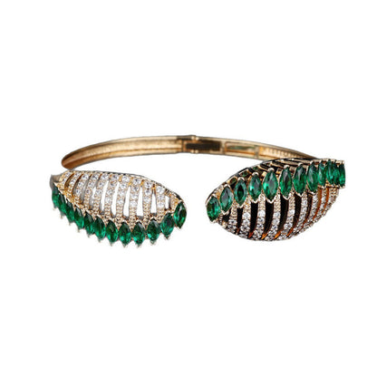 Feather Inlay Bangle In Copper With Zircon Electroplated Gold Plating, Elegant Gold Tone Bracelet