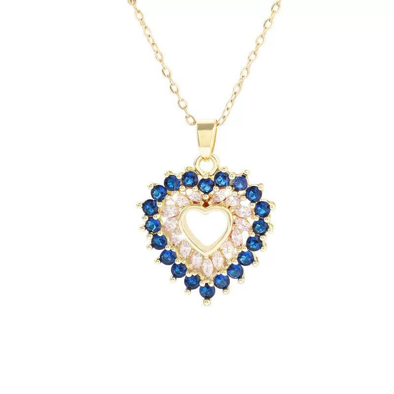 Heart Shape Copper Necklace For Women With Zircon Inlay And Bezel Setting On Cable Chain