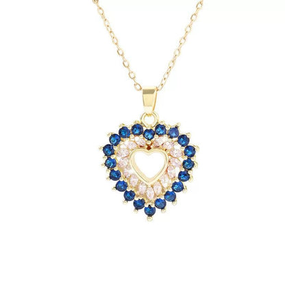 Heart Shape Copper Necklace For Women With Zircon Inlay And Bezel Setting On Cable Chain