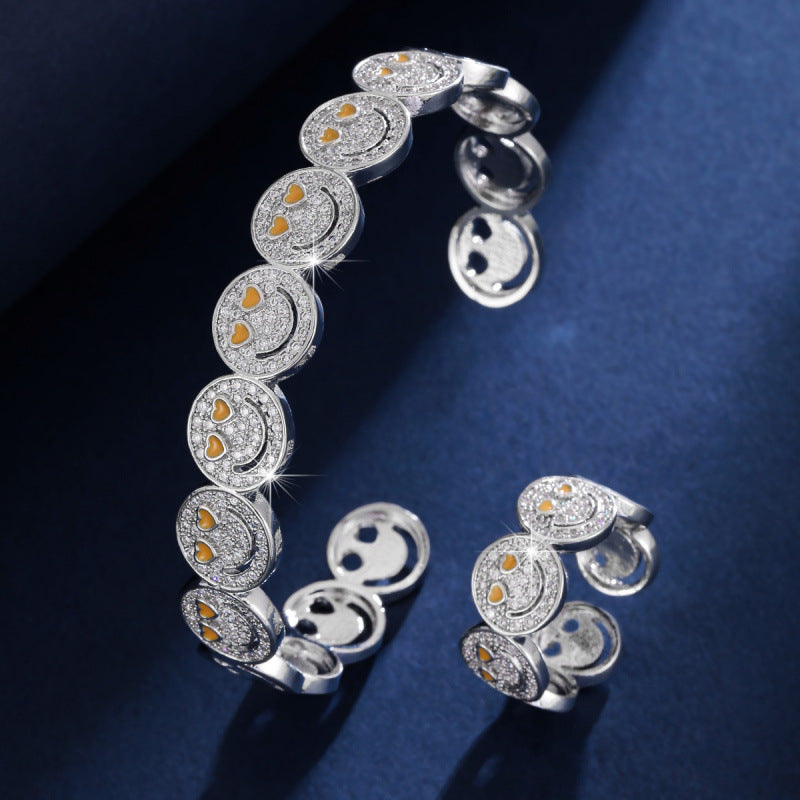 Smiley Face Copper Bangle For Women With Zircon Inlay, 1 Set