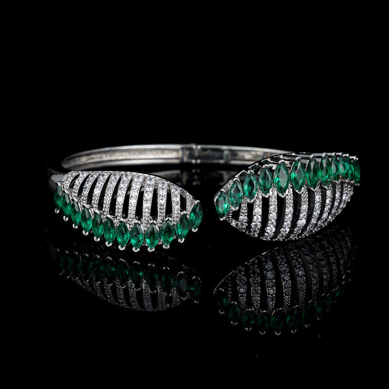 Feather Inlay Bangle In Copper With Zircon Electroplated Gold Plating, Elegant Gold Tone Bracelet