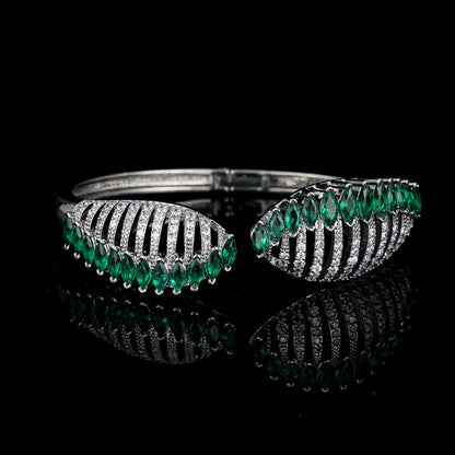 Feather Inlay Bangle In Copper With Zircon Electroplated Gold Plating, Elegant Gold Tone Bracelet