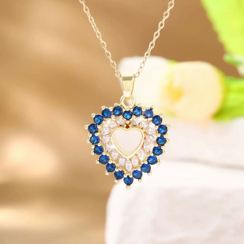 Heart Shape Copper Necklace For Women With Zircon Inlay And Bezel Setting On Cable Chain