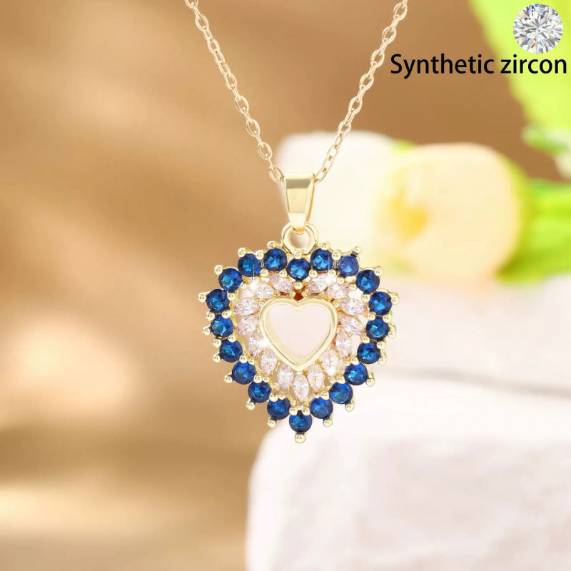 Heart Shape Copper Necklace For Women With Zircon Inlay And Bezel Setting On Cable Chain