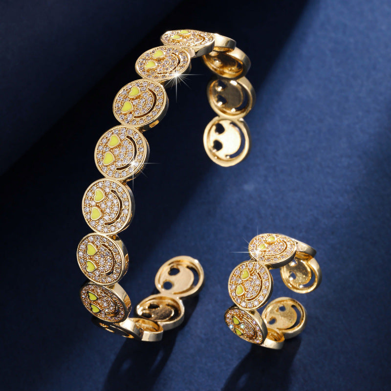 Smiley Face Copper Bangle For Women With Zircon Inlay, 1 Set