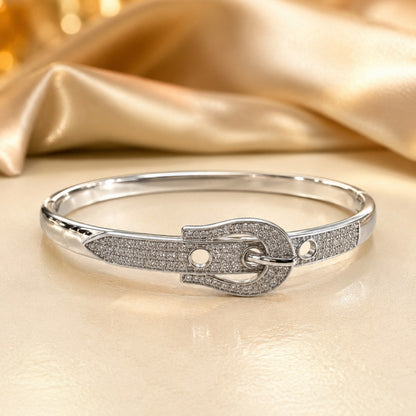 Exaggerated Geometric Inlay Bangle In Copper With 14K Real Gold Electroplated And Zircon Detailing