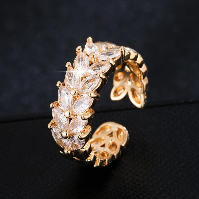 Women’s Open Rings Featuring Grain Pattern, Electroplated Gold Plating On Copper With Zircon Inlay, Available In Gold