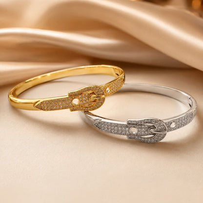 Exaggerated Geometric Inlay Bangle In Copper With 14K Real Gold Electroplated And Zircon Detailing