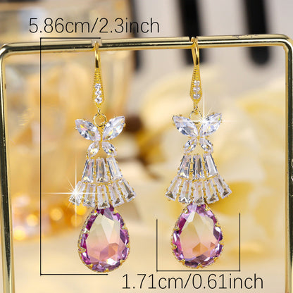 Sweet Butterfly Drop Earrings For Women In Purple With Copper And Zircon Inlay, Ear Hook Design