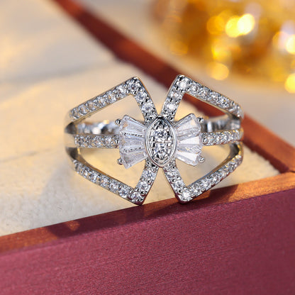 Women’s Bow Tie Ring In Copper With Zircon Inlay, Available In Elegant Gold
