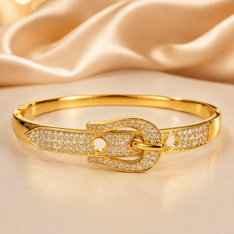 Exaggerated Geometric Inlay Bangle In Copper With 14K Real Gold Electroplated And Zircon Detailing