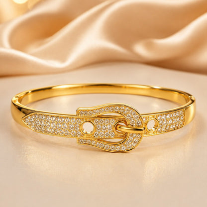 Exaggerated Geometric Inlay Bangle In Copper With 14K Real Gold Electroplated And Zircon Detailing