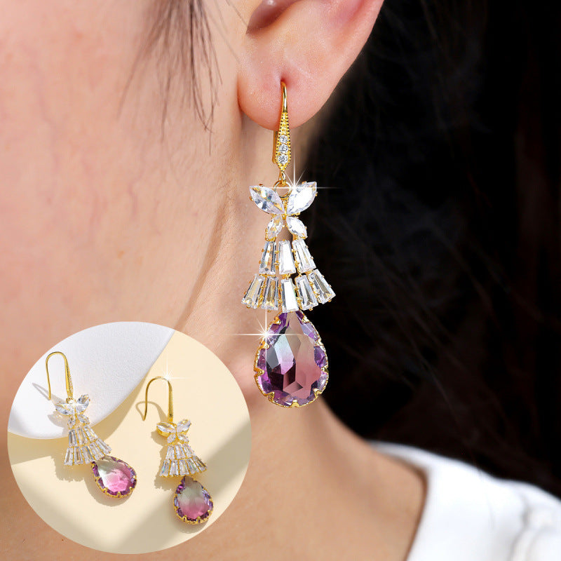 Sweet Butterfly Drop Earrings For Women In Purple With Copper And Zircon Inlay, Ear Hook Design