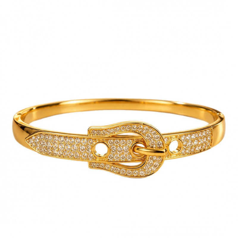 Exaggerated Geometric Inlay Bangle In Copper With 14K Real Gold Electroplated And Zircon Detailing