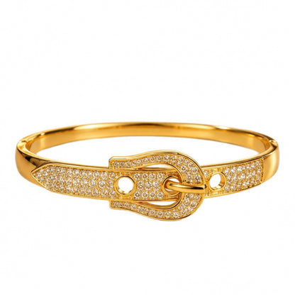 Exaggerated Geometric Inlay Bangle In Copper With 14K Real Gold Electroplated And Zircon Detailing