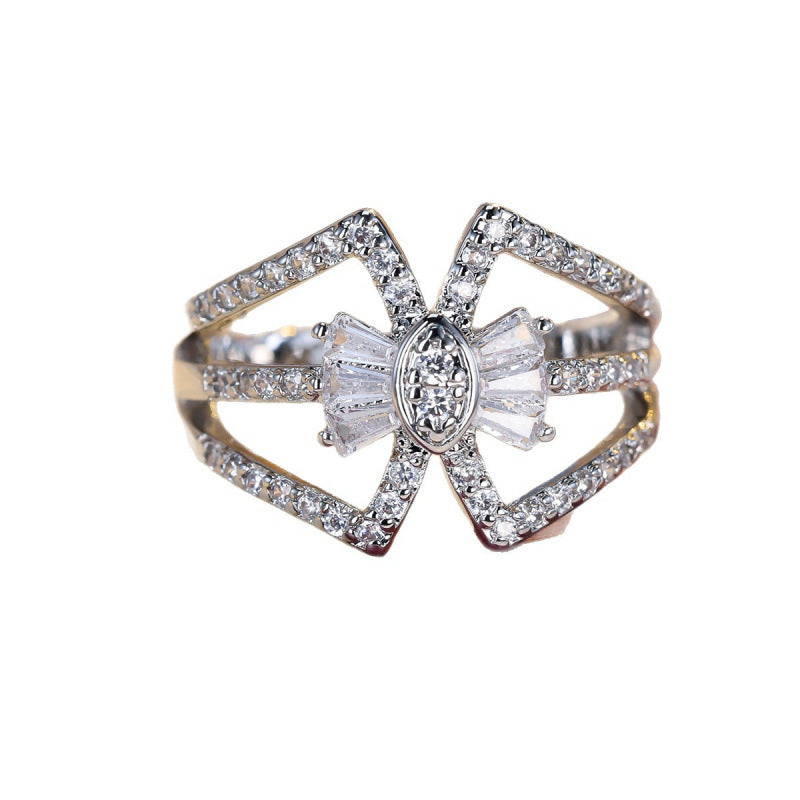 Women’s Bow Tie Ring In Copper With Zircon Inlay, Available In Elegant Gold