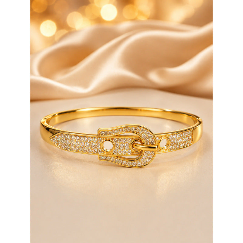 Exaggerated Geometric Inlay Bangle In Copper With 14K Real Gold Electroplated And Zircon Detailing